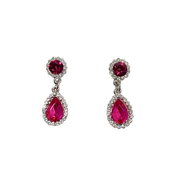 Silver And Fuchsia Crystal Teardrop Dangle Earrings - Picture 2 of 5